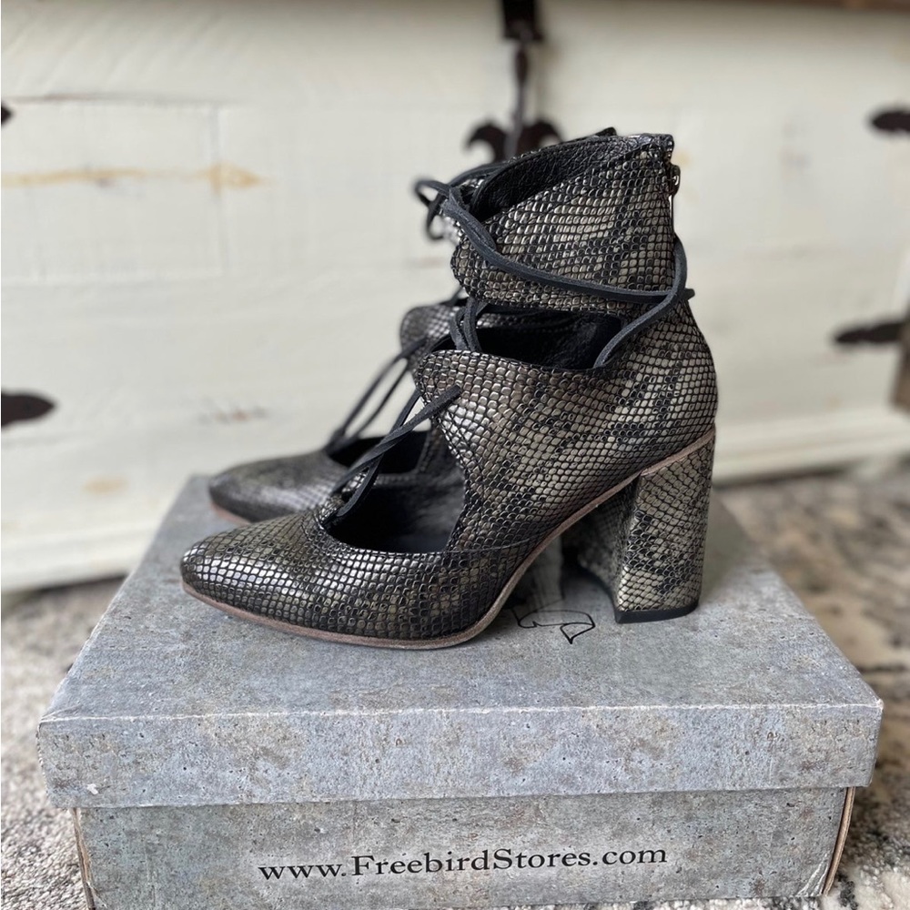 Freebird by Steven Metallic Snake-Print Lace-Up Block Heel Sandals